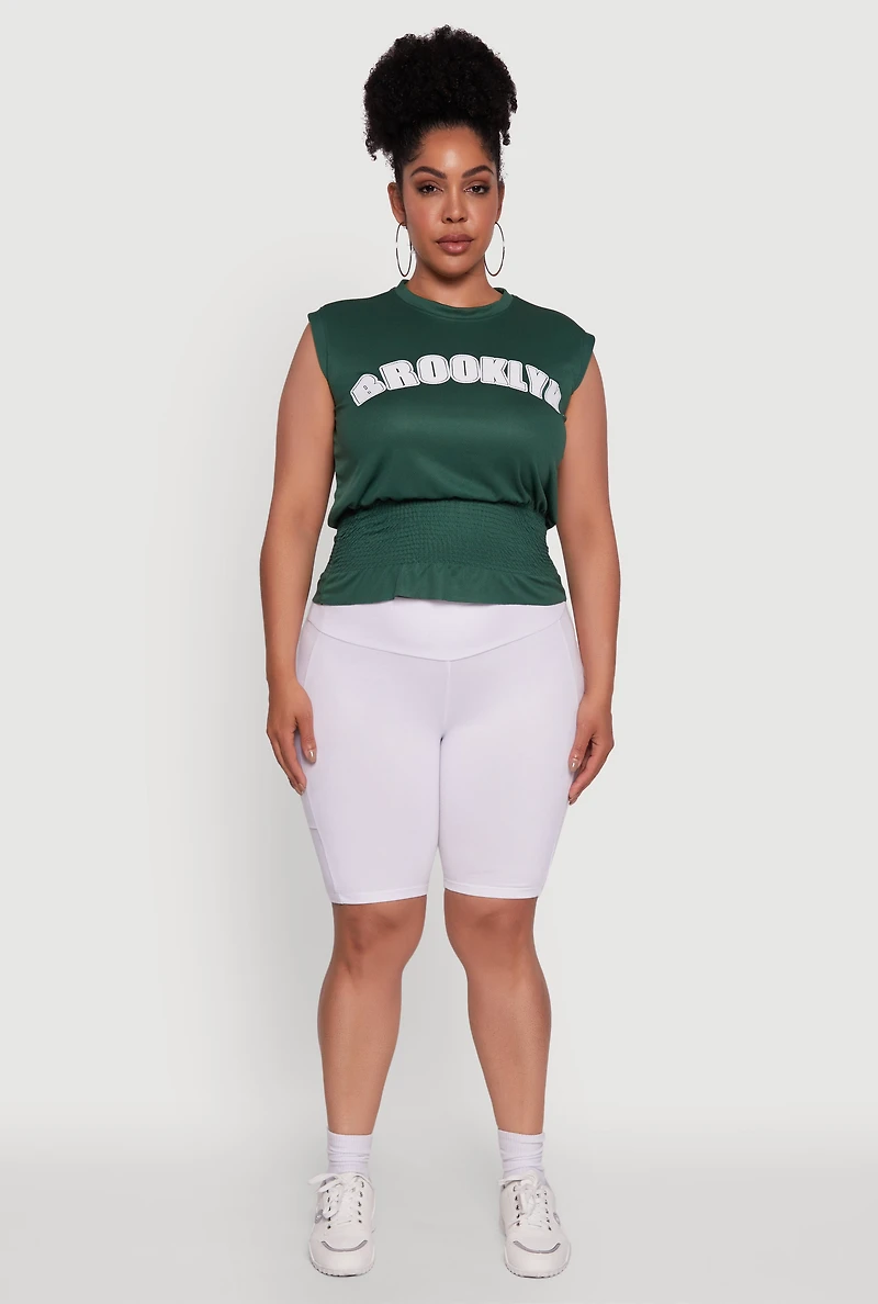 Womens Plus Brooklyn Queen Smocked Waist Sleeveless Top, Green,
