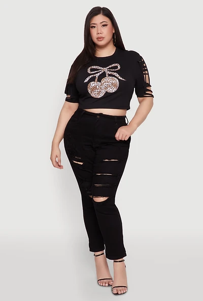 Womens Plus Cherry Animal Print Crop Top with Slashed Sleeves, Black,