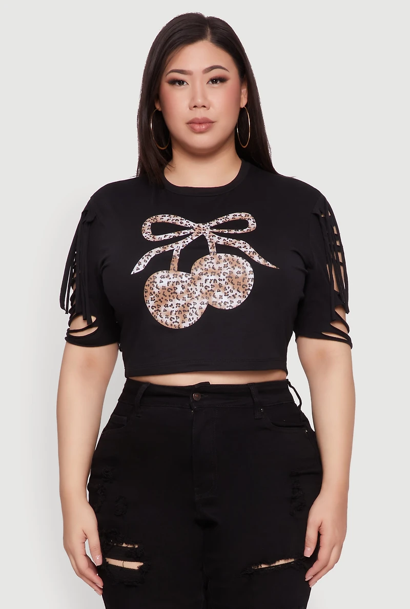 Womens Plus Cherry Animal Print Crop Top with Slashed Sleeves, Black,