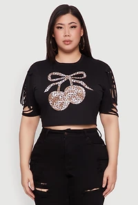 Womens Plus Cherry Animal Print Crop Top with Slashed Sleeves, Black,
