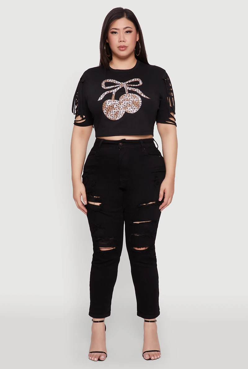 Womens Plus Cherry Animal Print Crop Top with Slashed Sleeves, Black,