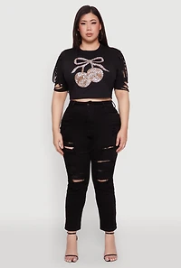 Womens Plus Cherry Animal Print Crop Top with Slashed Sleeves, Black,