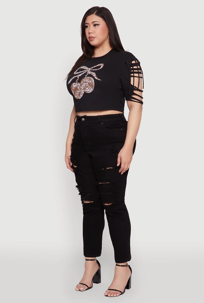Womens Plus Cherry Animal Print Crop Top with Slashed Sleeves, Black,
