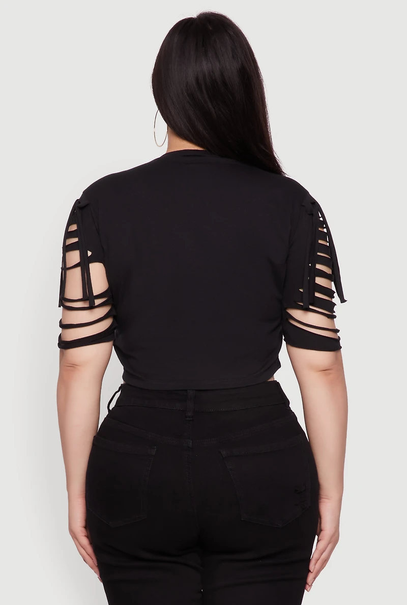 Womens Plus Cherry Animal Print Crop Top with Slashed Sleeves, Black,