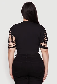 Womens Plus Cherry Animal Print Crop Top with Slashed Sleeves, Black,