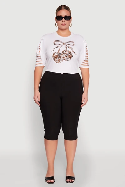 Womens Plus Size Cherry Animal Print Crop Top with Slashed Sleeves, White, Size 3X