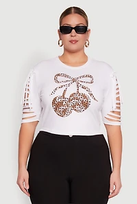 Womens Plus Size Cherry Animal Print Crop Top with Slashed Sleeves, White, Size 3X