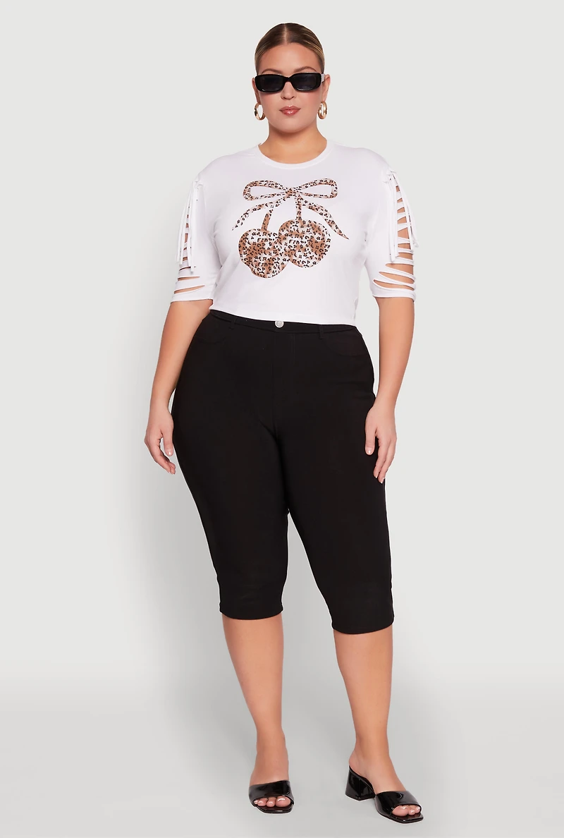 Womens Plus Size Cherry Animal Print Crop Top with Slashed Sleeves, White, Size 3X