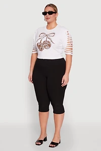 Womens Plus Size Cherry Animal Print Crop Top with Slashed Sleeves, White, Size 3X