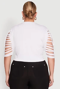Womens Plus Size Cherry Animal Print Crop Top with Slashed Sleeves, White, Size 3X