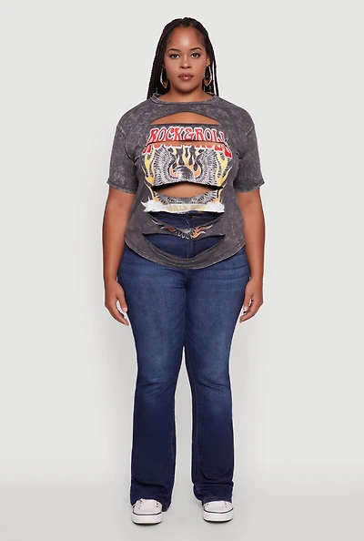 Womens Plus Size Slashed Rock and Roll World Tour Graphic Tee, Grey, Size 3X