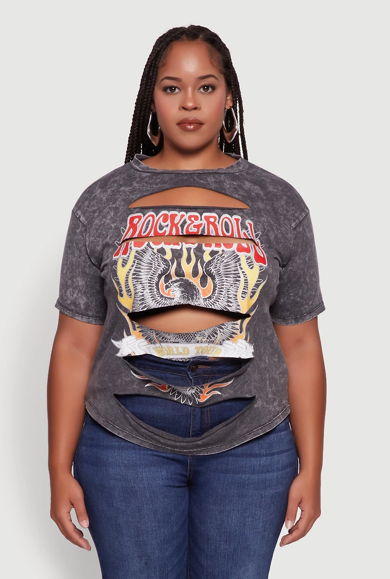 Womens Plus Size Slashed Rock and Roll World Tour Graphic Tee, Grey, Size 1X