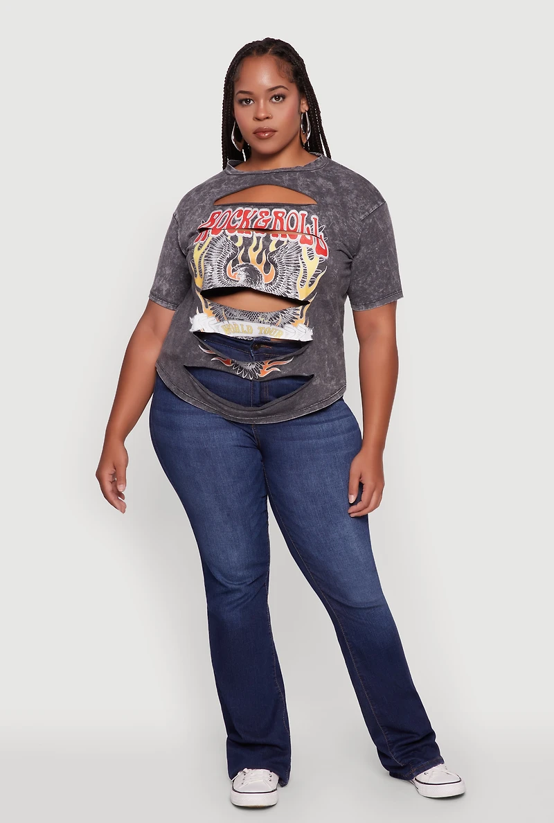 Womens Plus Size Slashed Rock and Roll World Tour Graphic Tee, Grey, Size 1X