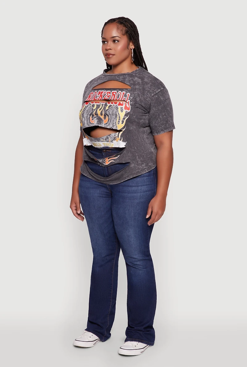 Womens Plus Size Slashed Rock and Roll World Tour Graphic Tee, Grey, Size 1X