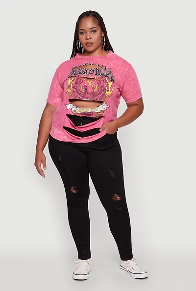 Womens Plus Size Slashed Rock and Roll World Tour Graphic Tee, Pink, Size 2X