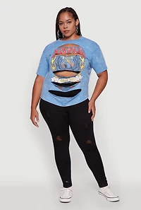 Womens Plus Size Slashed Rock and Roll World Tour Graphic Tee, Blue, Size 1X
