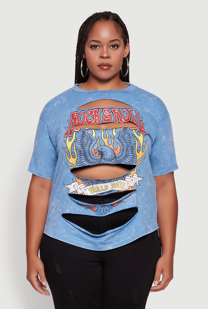 Womens Plus Size Slashed Rock and Roll World Tour Graphic Tee, Blue, Size 1X