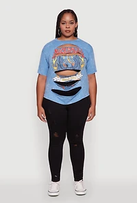 Womens Plus Size Slashed Rock and Roll World Tour Graphic Tee, Blue, Size 1X