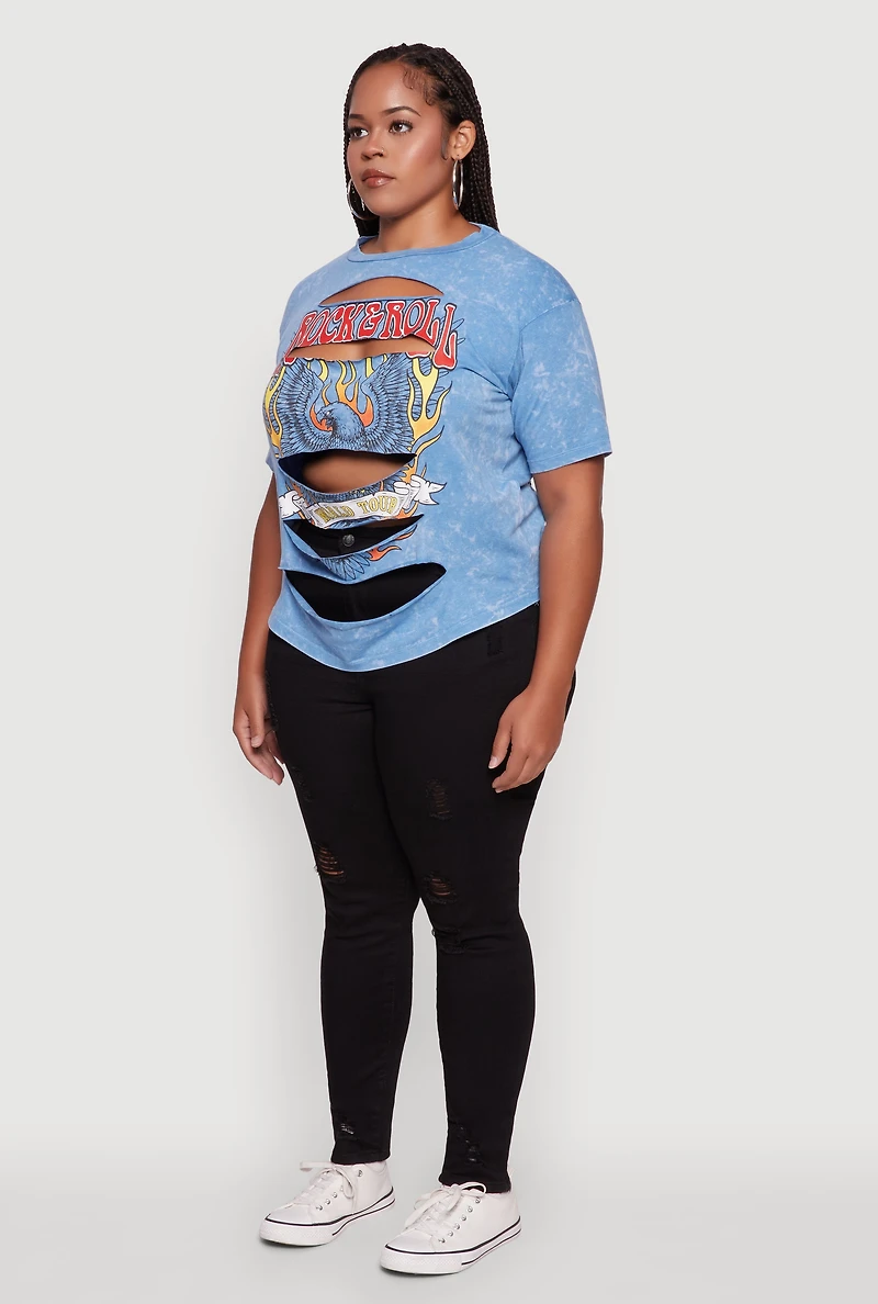 Womens Plus Size Slashed Rock and Roll World Tour Graphic Tee, Blue, Size 1X