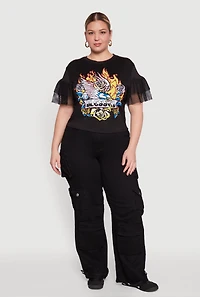 Womens Plus Fishnet Sleeve Blessed Eagle Graphic Tee, Black,