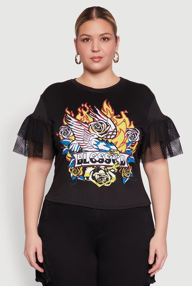 Womens Plus Fishnet Sleeve Blessed Eagle Graphic Tee, Black,