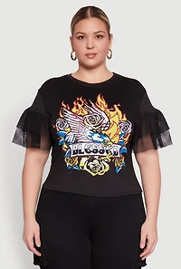 Womens Plus Fishnet Sleeve Blessed Eagle Graphic Tee, Black,