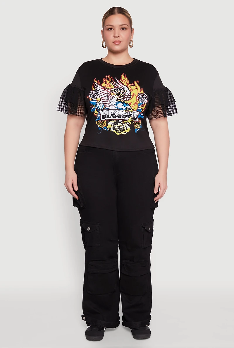 Womens Plus Size Fishnet Sleeve Blessed Eagle Graphic Tee, Black, Size 2X