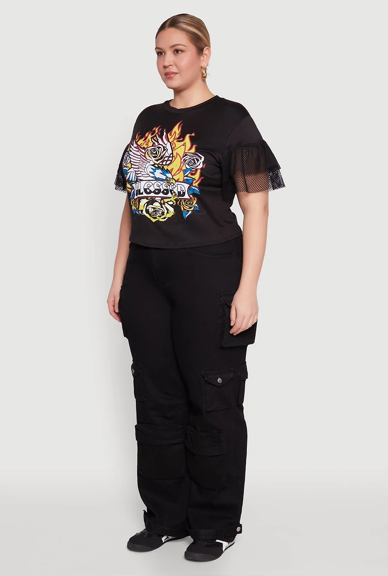 Womens Plus Fishnet Sleeve Blessed Eagle Graphic Tee, Black,