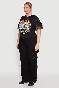 Womens Plus Fishnet Sleeve Blessed Eagle Graphic Tee, Black,