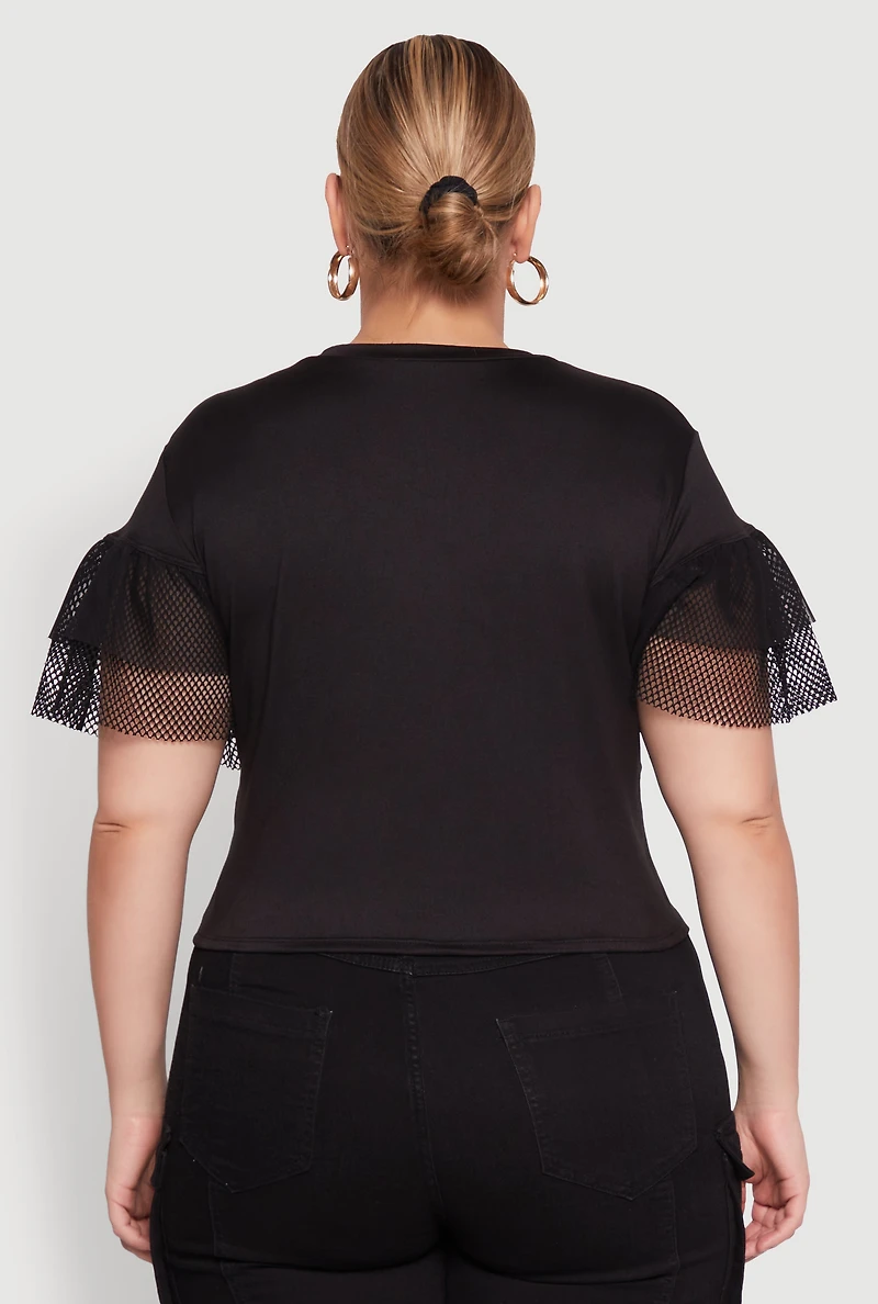 Womens Plus Fishnet Sleeve Blessed Eagle Graphic Tee, Black,