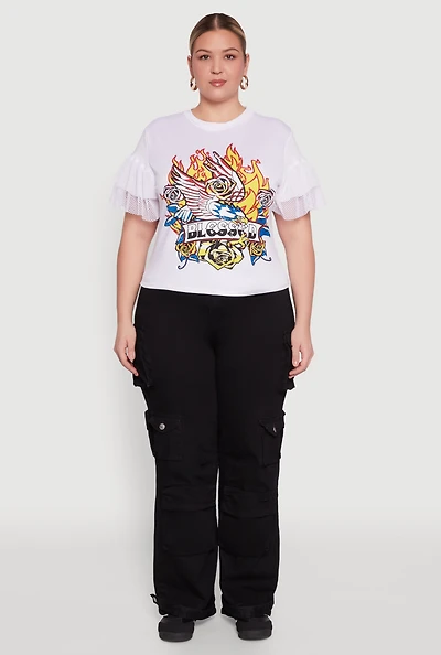 Womens Plus Size Fishnet Sleeve Blessed Eagle Graphic Tee, White, Size 3X