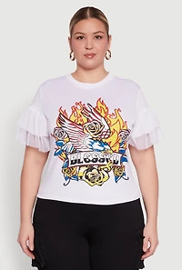 Womens Plus Size Fishnet Sleeve Blessed Eagle Graphic Tee, White, Size 2X