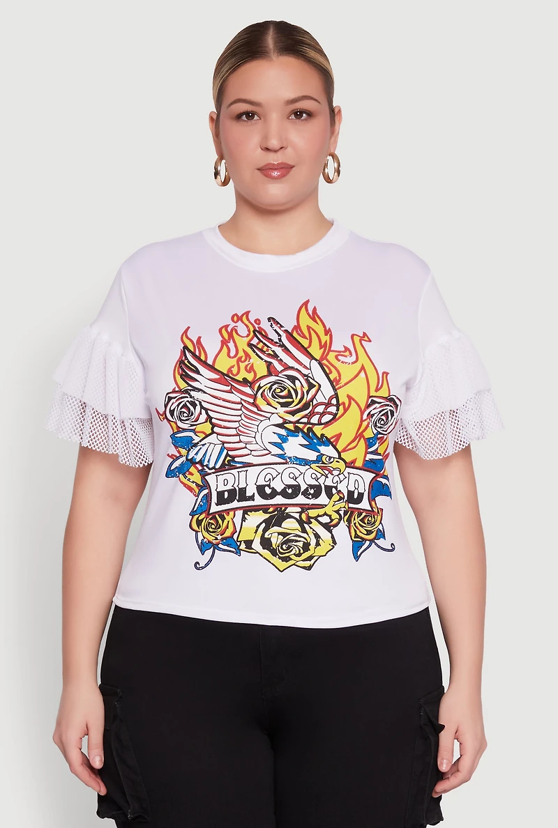 Womens Plus Size Fishnet Sleeve Blessed Eagle Graphic Tee, White, Size 1X