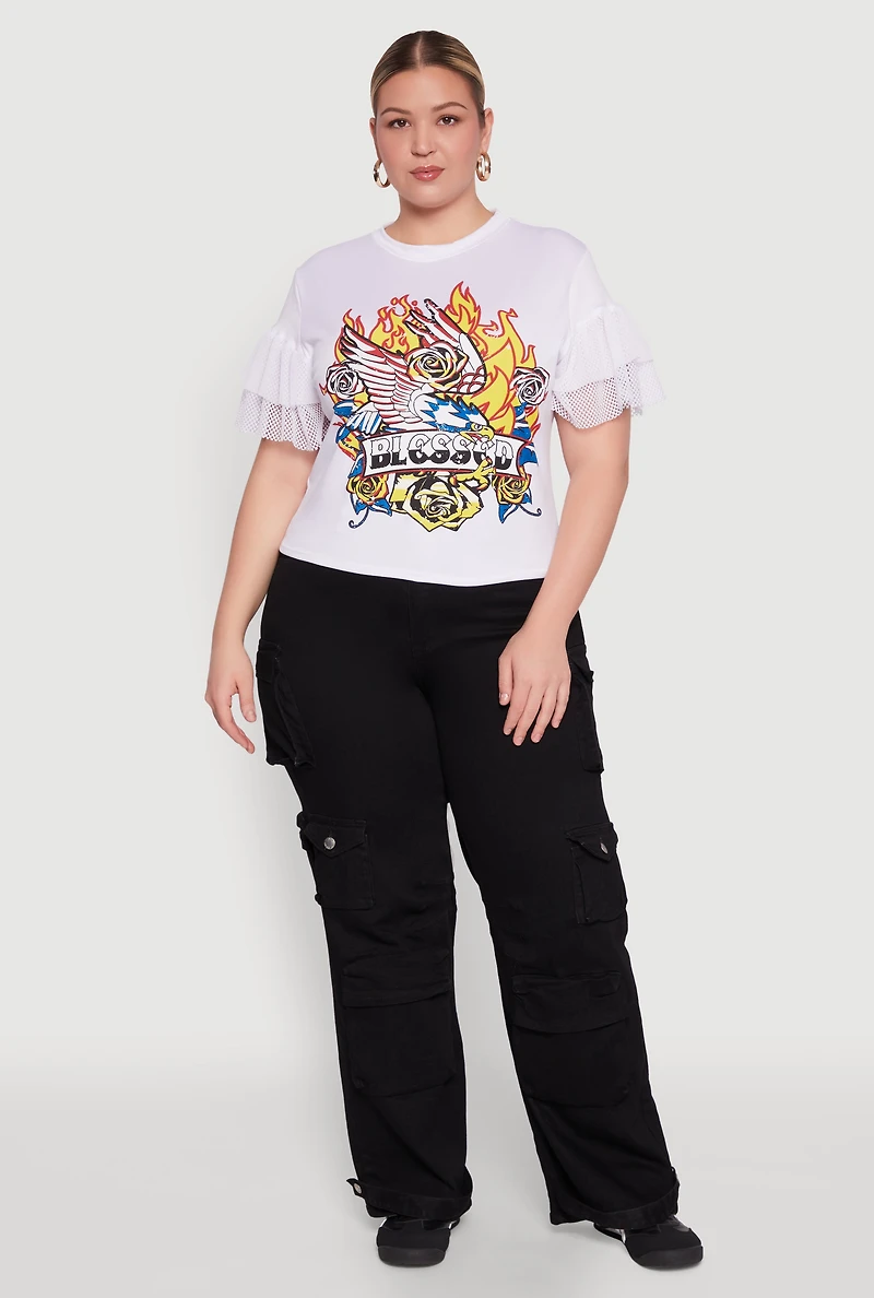 Womens Plus Size Fishnet Sleeve Blessed Eagle Graphic Tee, White, Size 1X