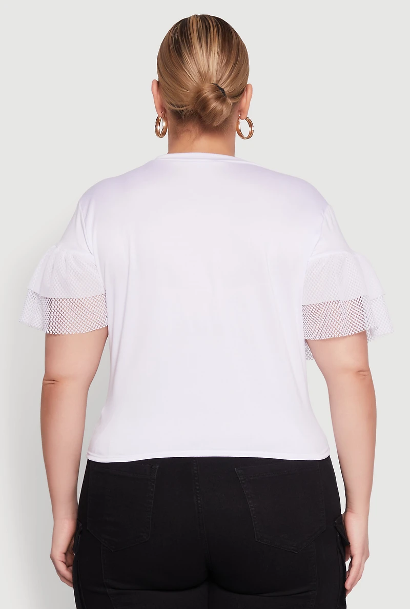 Womens Plus Size Fishnet Sleeve Blessed Eagle Graphic Tee, White, Size 1X