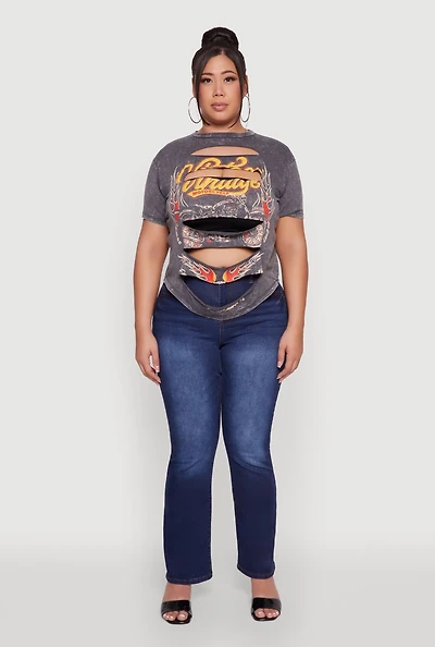 Womens Plus Slashed Vintage Motorcycle Graphic Crew Neck Tee,