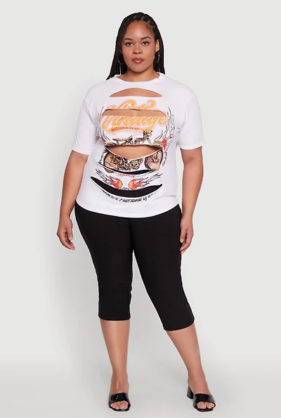 Womens Plus Slashed Vintage Motorcycle Graphic Crew Neck Tee, White,