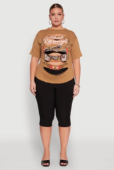 Womens Plus Slashed Vintage Motorcycle Graphic Crew Neck Tee,