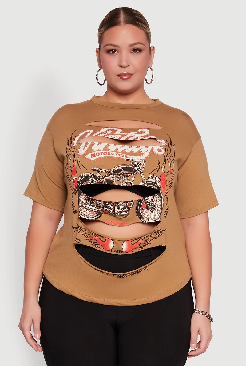 Womens Plus Slashed Vintage Motorcycle Graphic Crew Neck Tee,