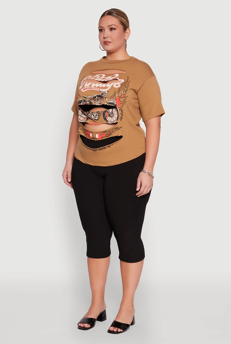 Womens Plus Slashed Vintage Motorcycle Graphic Crew Neck Tee,