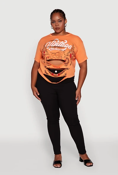 Womens Plus Size Slashed Vintage Motorcycle Graphic Crew Neck Tee, Orange, Size 1X