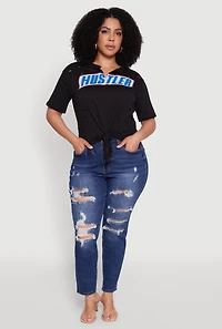 Womens Plus Size Hustler Graphic Short Sleeve Knot Front Tee, Black, Size 1X