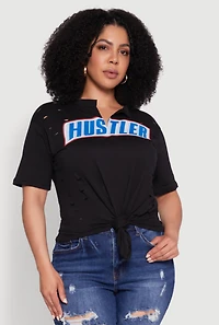 Womens Plus Size Hustler Graphic Short Sleeve Knot Front Tee, Black, Size 1X