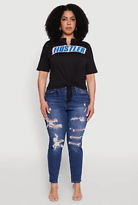 Womens Plus Size Hustler Graphic Short Sleeve Knot Front Tee, Black, Size 1X