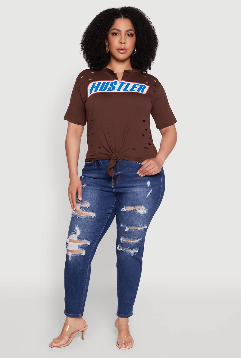 Womens Plus Hustler Graphic Short Sleeve Knot Front Tee, Brown,