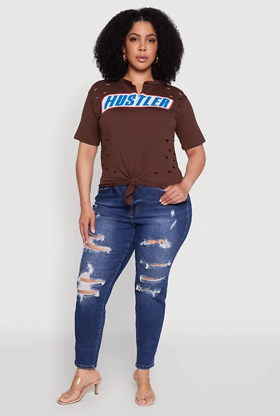Womens Plus Hustler Graphic Short Sleeve Knot Front Tee, Brown,