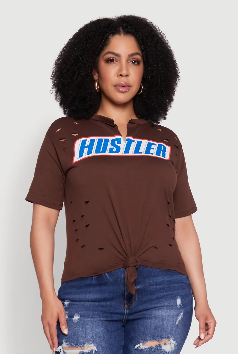 Womens Plus Hustler Graphic Short Sleeve Knot Front Tee, Brown,