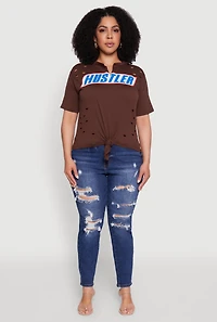 Womens Plus Hustler Graphic Short Sleeve Knot Front Tee, Brown,