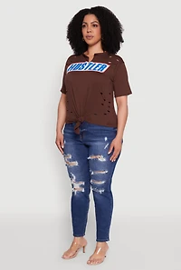 Womens Plus Hustler Graphic Short Sleeve Knot Front Tee, Brown,