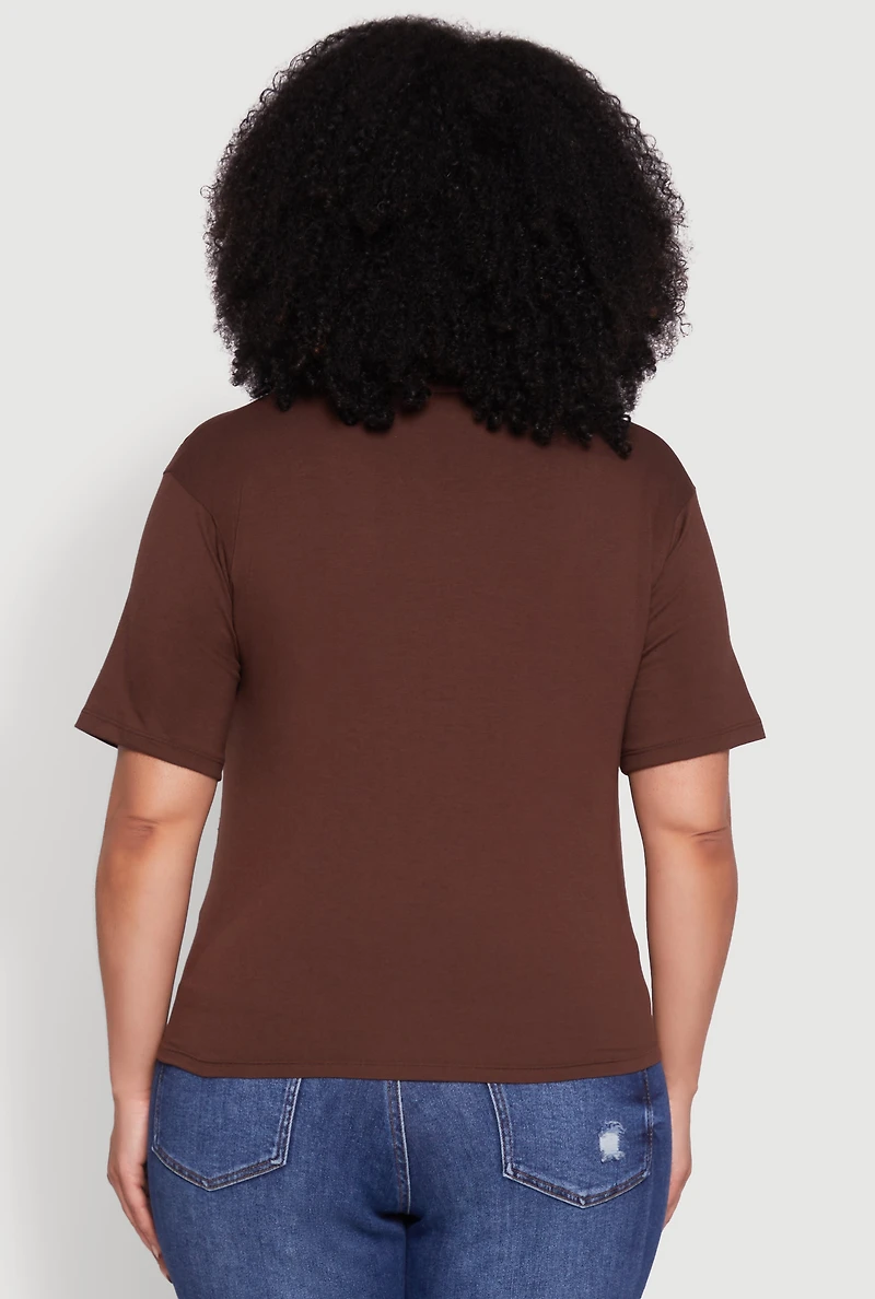 Womens Plus Hustler Graphic Short Sleeve Knot Front Tee, Brown,